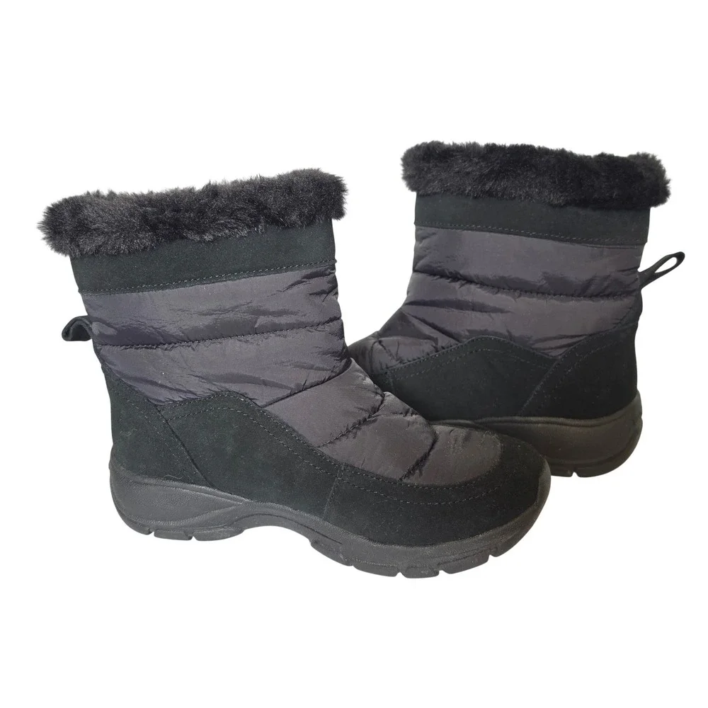 Lands End Womens Black Quilted Faux Fur Trim Winter Snow Boots 532382 US 8B